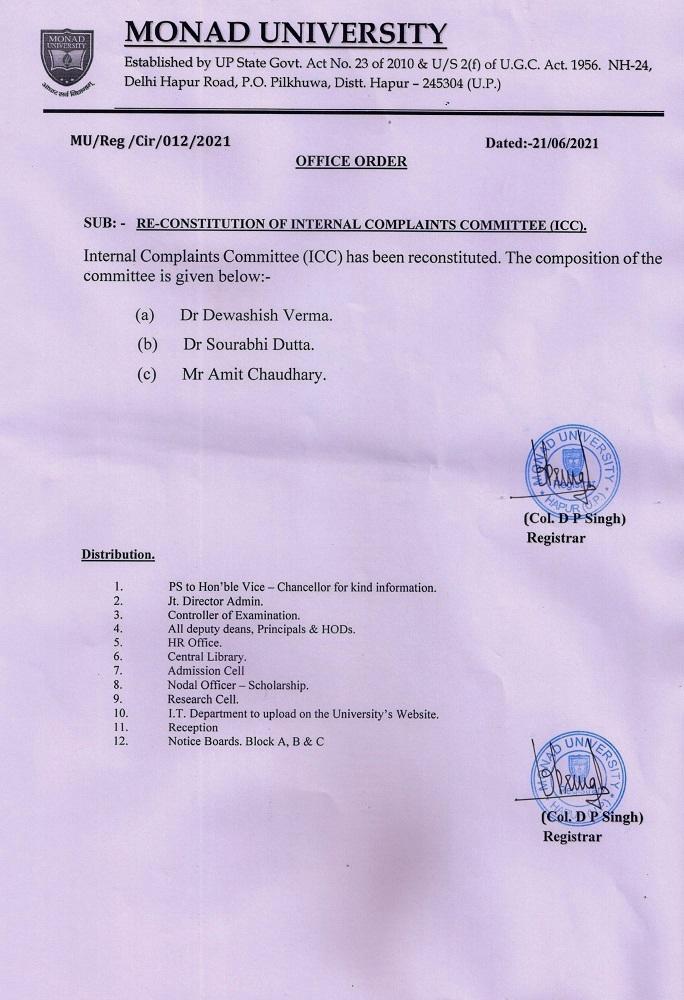 Re-Constitution Internal Complaint Committee (ICC)